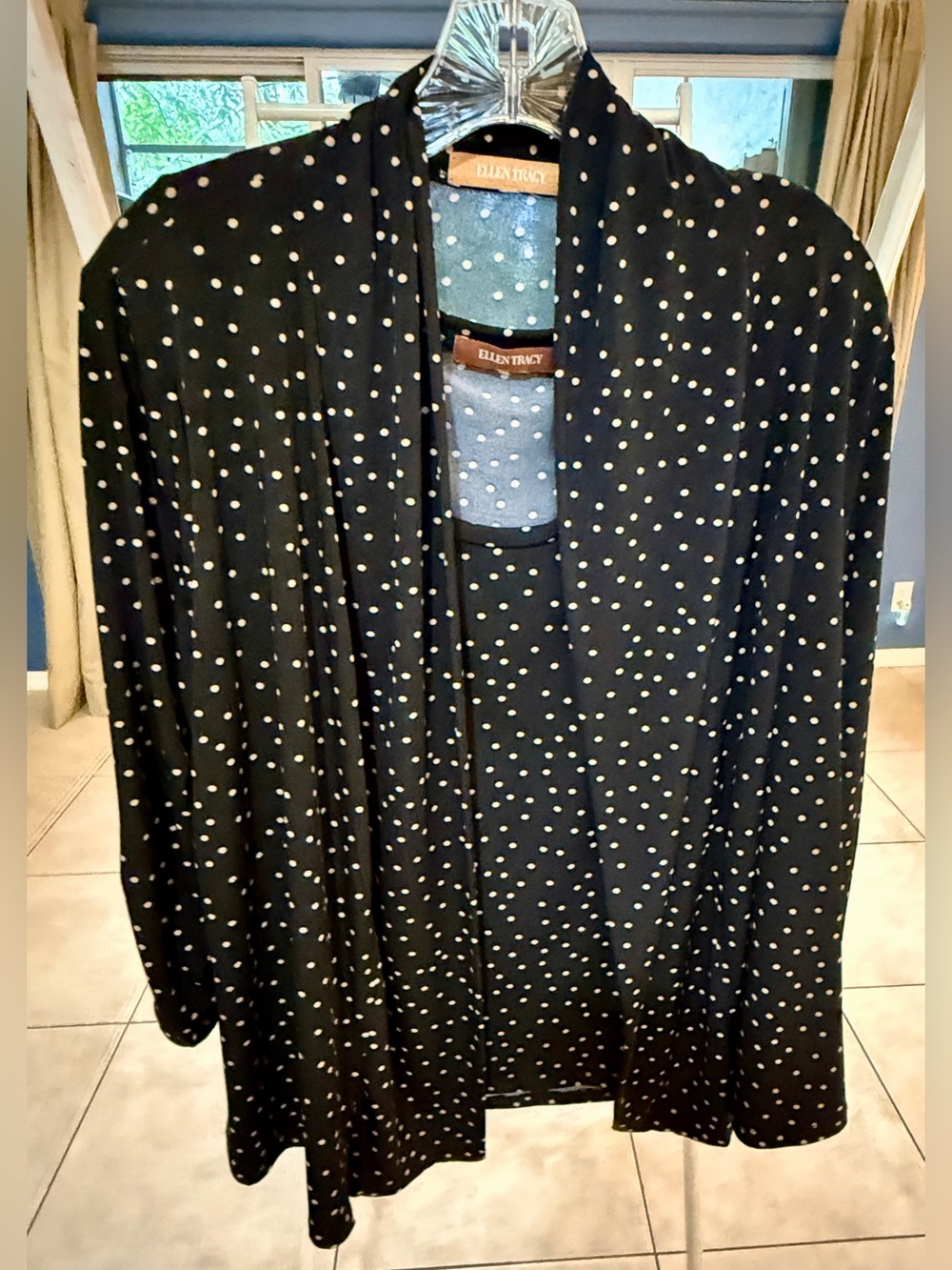 Ellen Tracy Black with beige Polka Dot Open Cardigan and matching tank 2 piece
